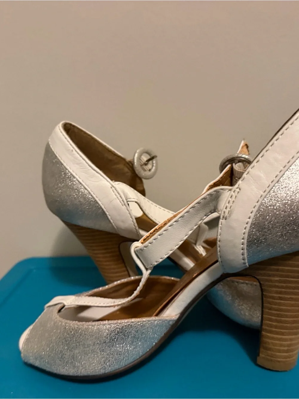 White and Silver T-Strap Mid Heel Pumps